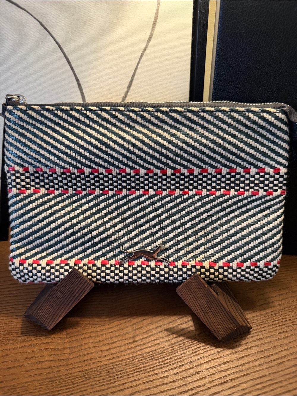 BIMBA Y LOLA Woven Stripe Zip Pouch - Green & White